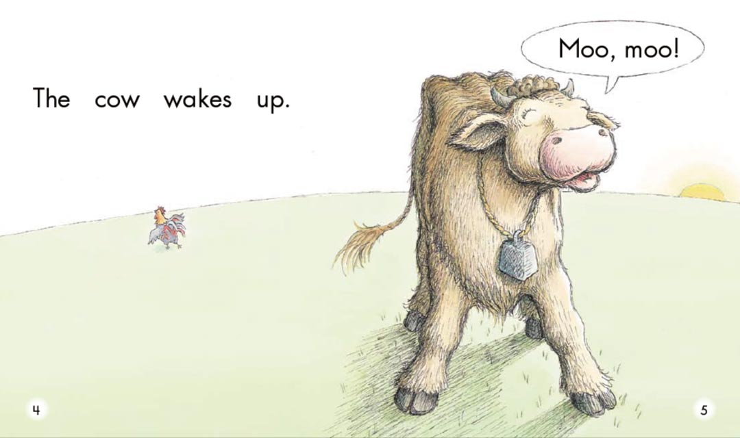 the cow wakes up.  moo, moo!