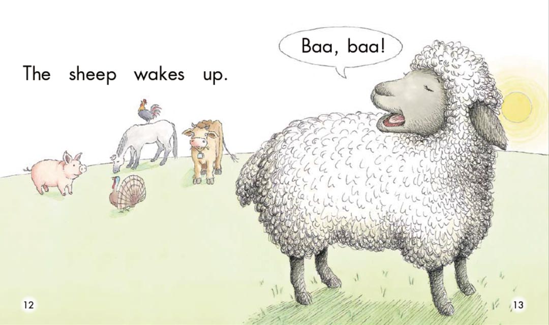 the sheep wakes up.  baa, baa!